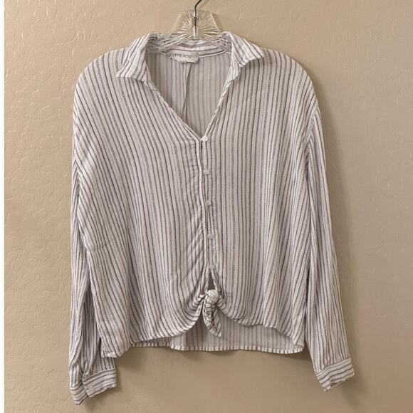 Hippie Rose White Brown Striped Tie Front Long Sleeve Blouse Shirt Size Large - Picture 4 of 10